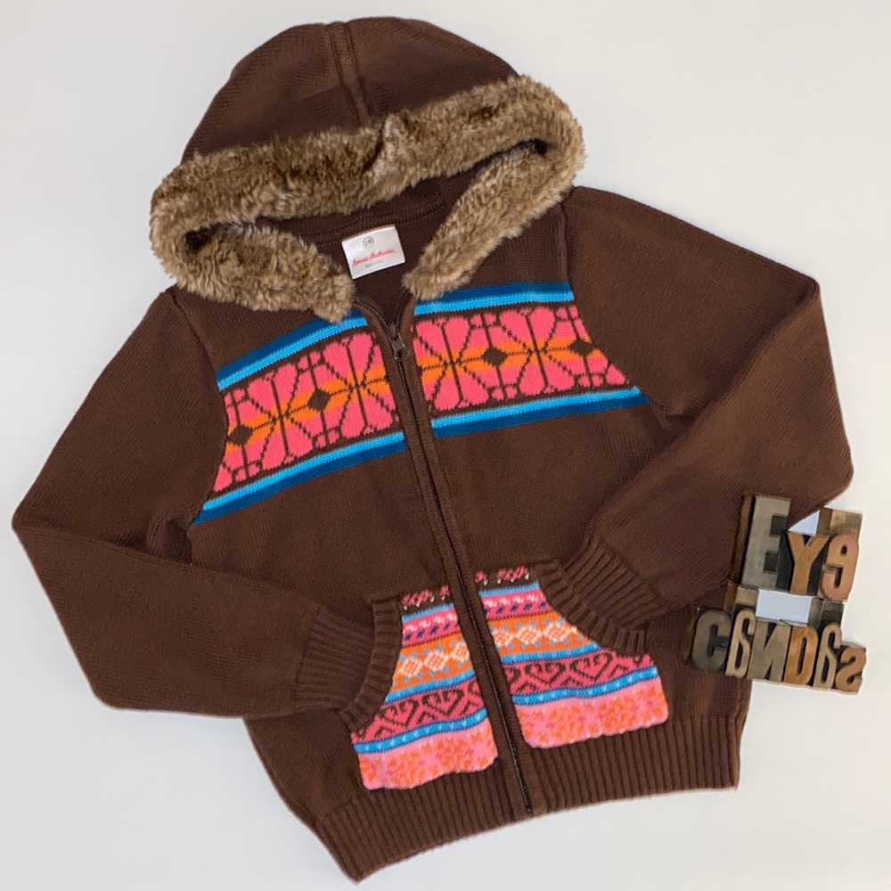 HANNA ANDERSSON Fair isle Hooded Sweater Jacket in Brown